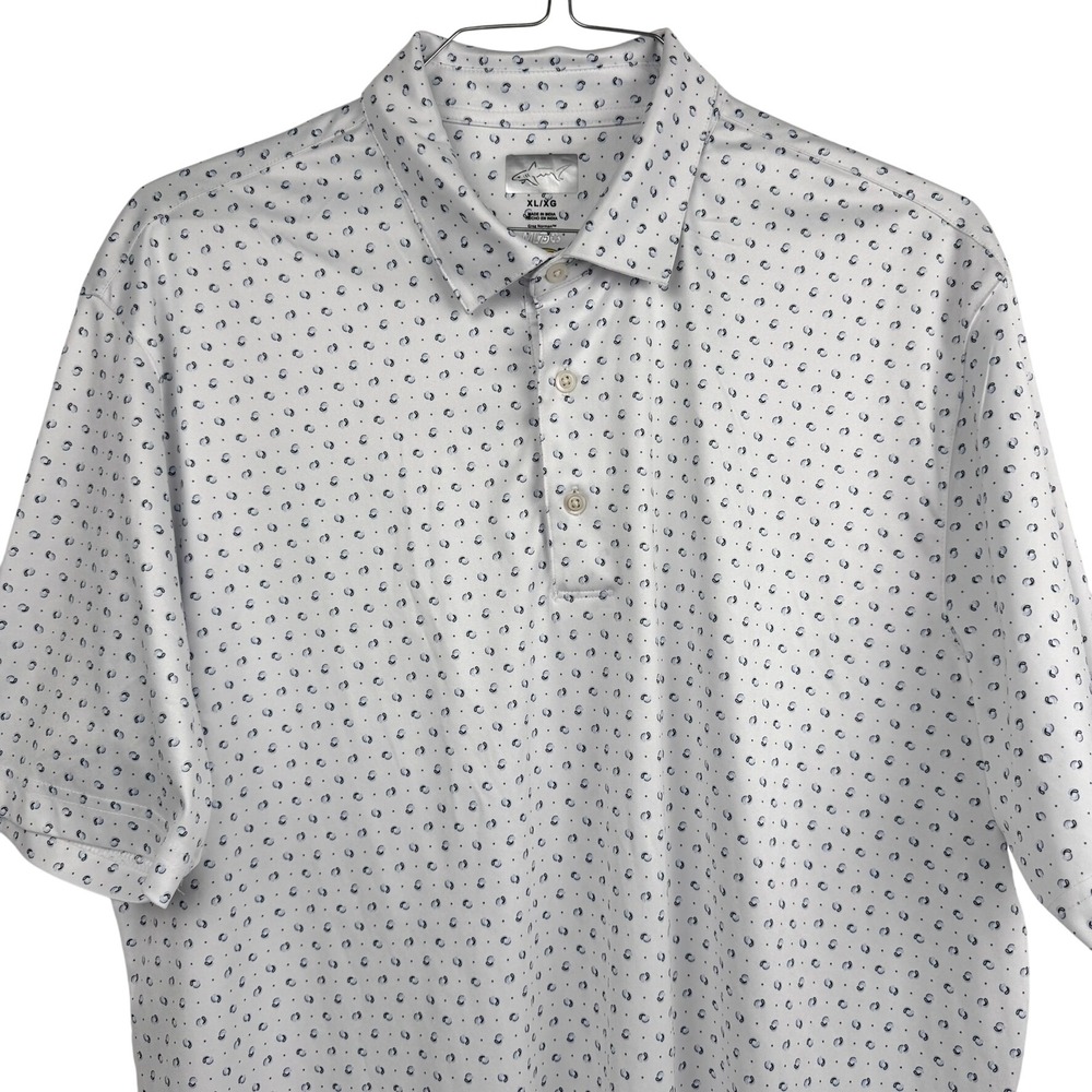 Greg Norman Mens XL Golf Polo Shirt White Blue‎ Print Short Sleeve Performance